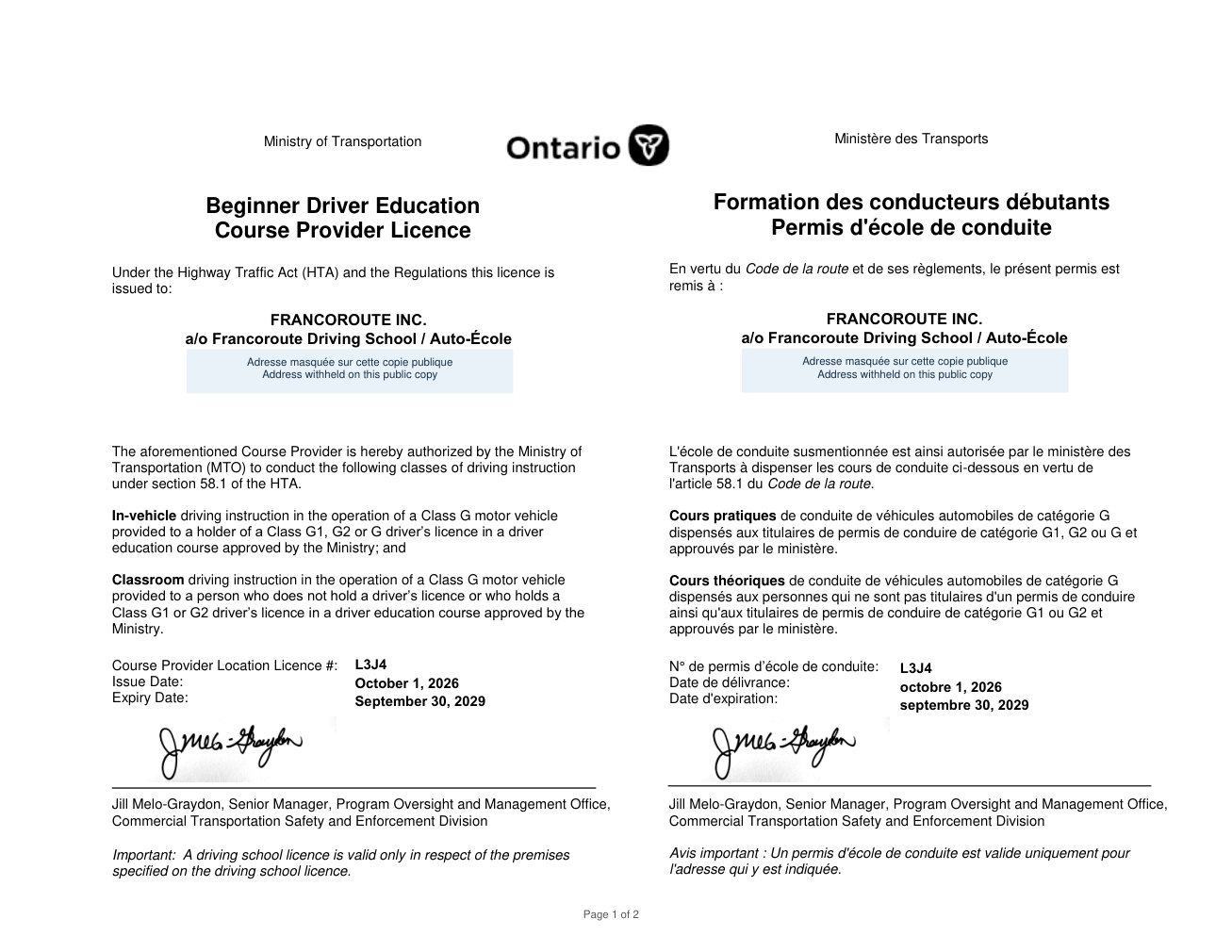 Licence officielle MTO de FrancoRoute Inc., numéro L3J4